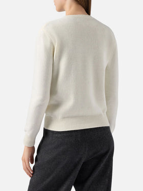 New Queen cashmere-blend sweater in white with Gossip Girl lurex embroidery