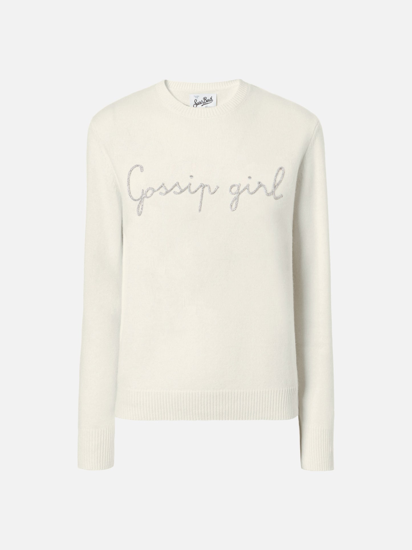 New Queen cashmere-blend sweater in white with Gossip Girl lurex embroidery