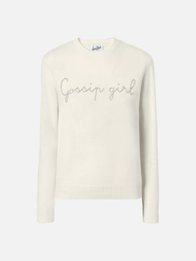 New Queen cashmere-blend sweater in white with Gossip Girl lurex embroidery