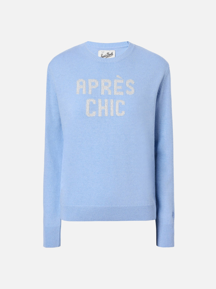 New Queen cashmere-blend sweater in light blue with Après Chic jacquard