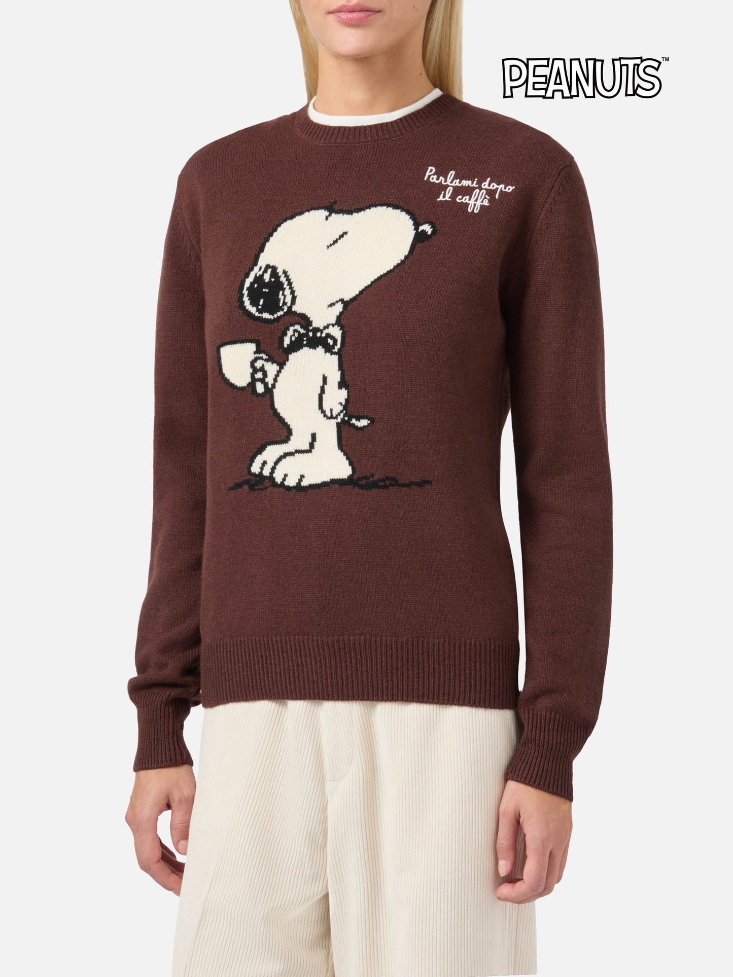 Neuer Queen-Pullover aus Kaschmirmischung in Braun mit Snoopy-Jacquardmuster und Stickerei | PEANUTS-SONDEREDITION