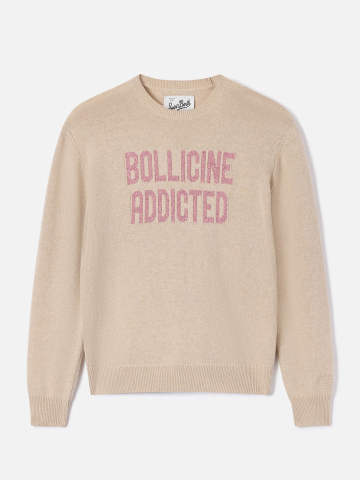 Maglia girocollo New Queen beige con ricamo Bollicine Addicted in lurex