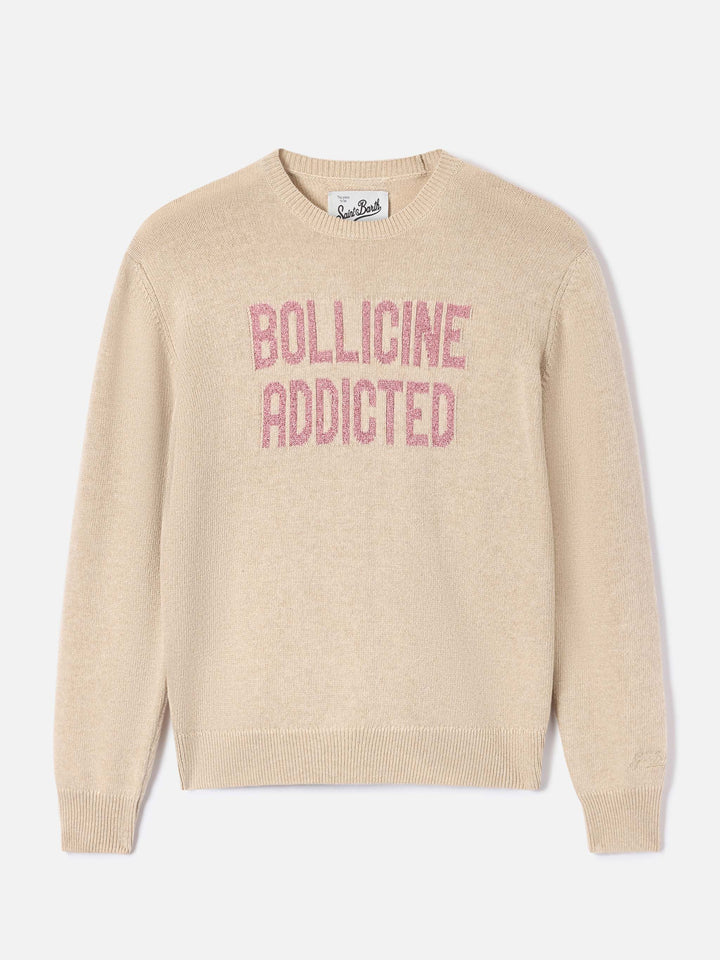 Beiger New Queen Rundhals-Strickpullover mit Bollicine Addicted Lurex-Stickerei 