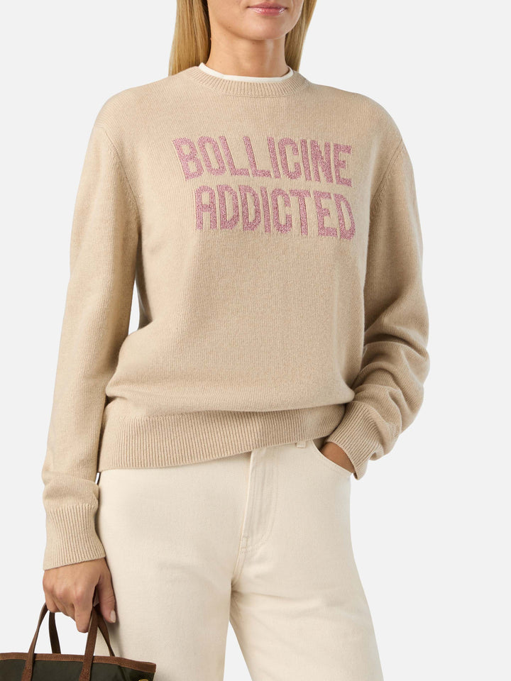 Beiger New Queen Rundhals-Strickpullover mit Bollicine Addicted Lurex-Stickerei 