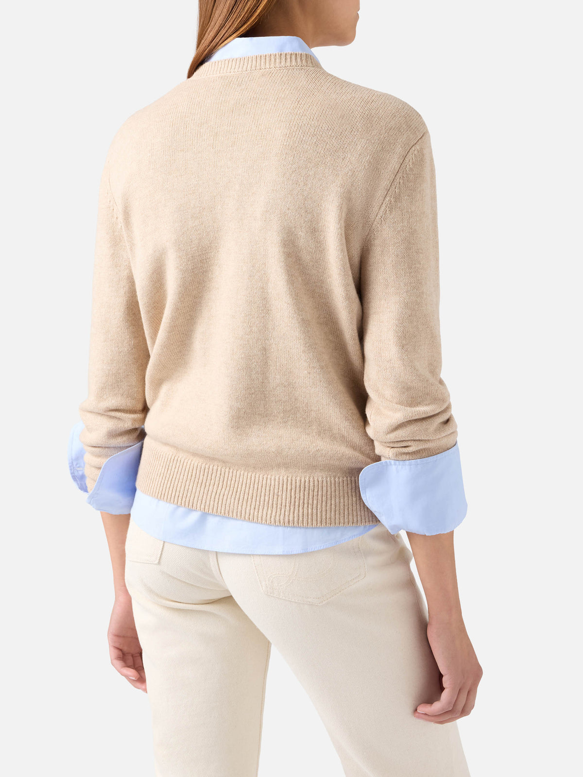 Jersey de punto beige New Queen con cuello redondo y bordado Diva con strass 