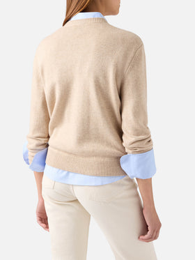Jersey de punto beige New Queen con cuello redondo y bordado Diva con strass 