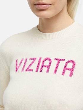 Woman white sweater New Queen with Viziata jacquard with rhinestones - MC2 Saint Barth