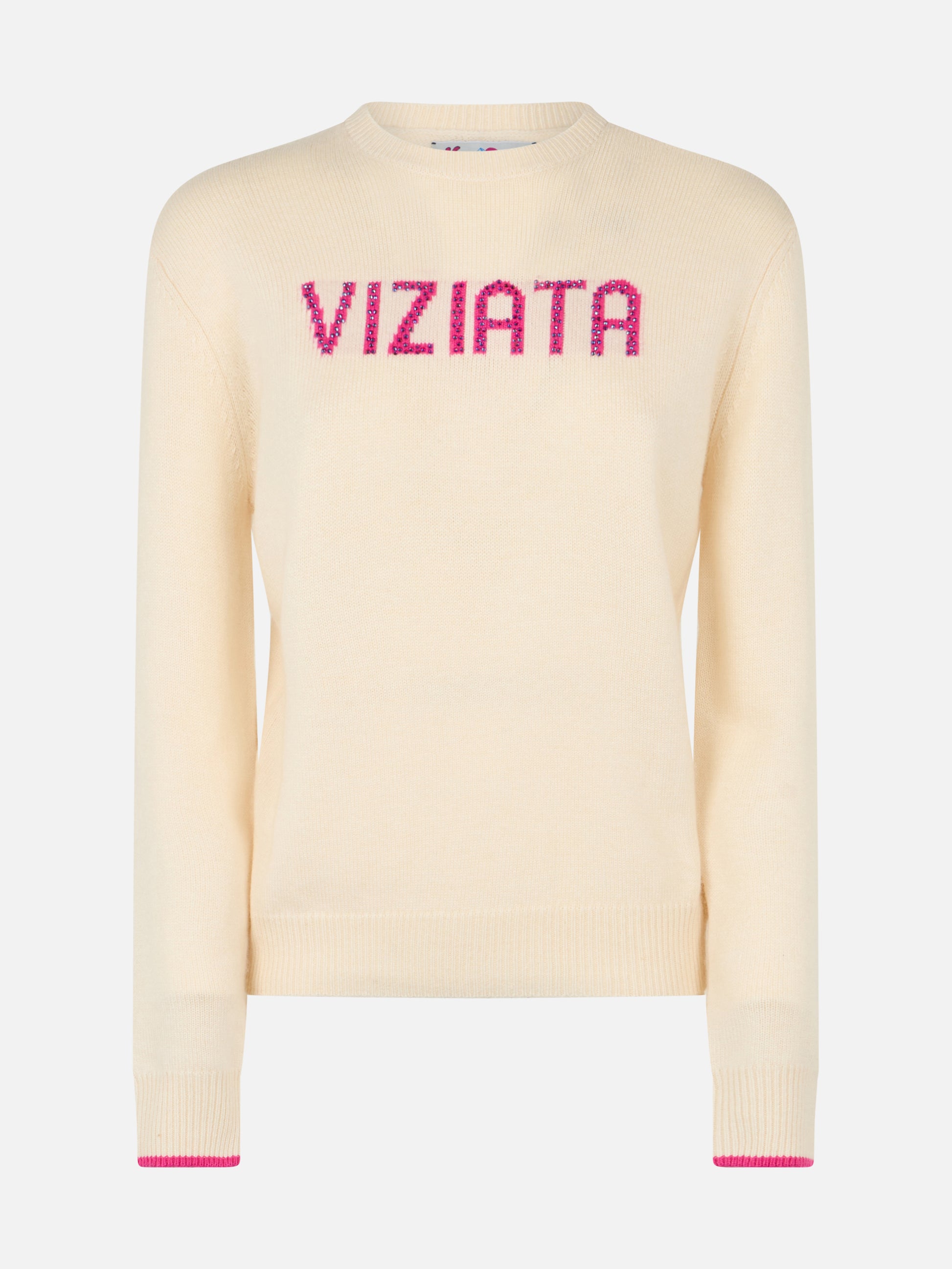 Woman white sweater New Queen with Viziata jacquard with rhinestones - MC2 Saint Barth