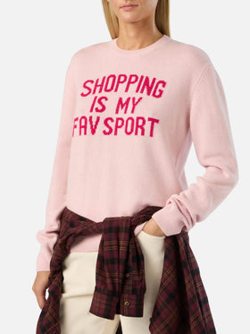 Jersey de punto con cuello redondo Pink New Queen con bordado Shopping Is My Fav Sport 