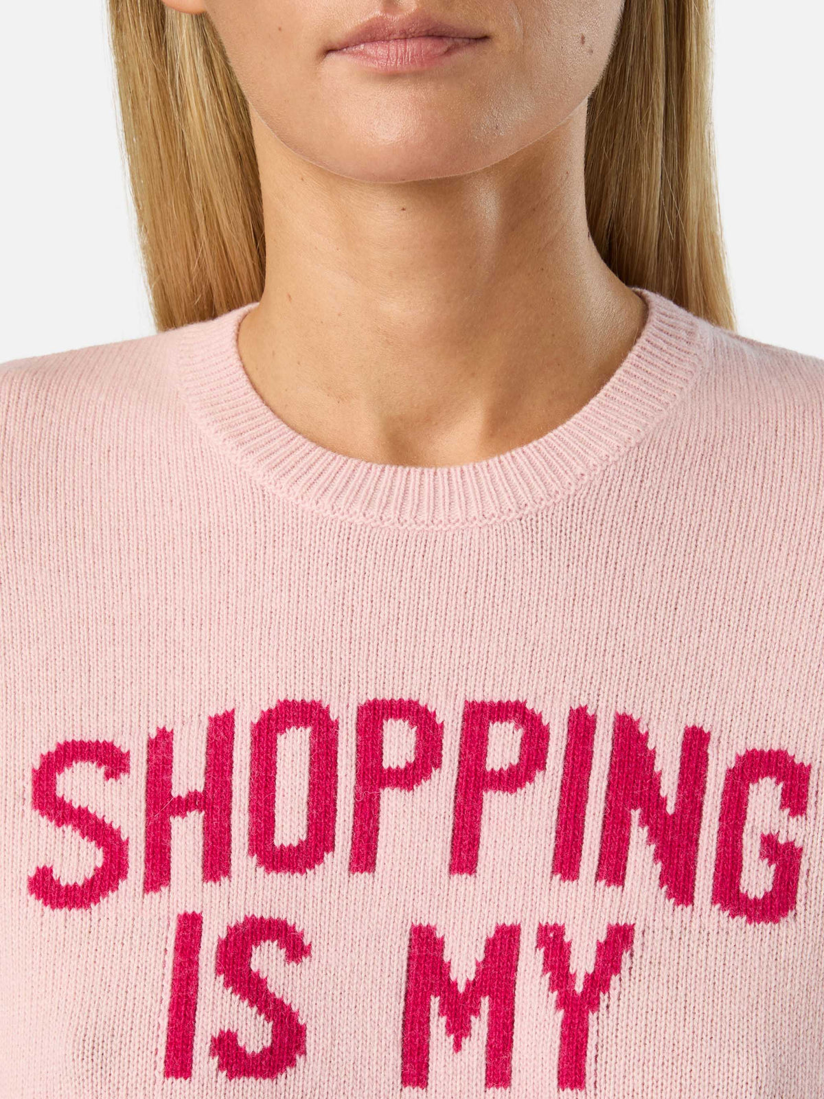 Jersey de punto con cuello redondo Pink New Queen con bordado Shopping Is My Fav Sport 