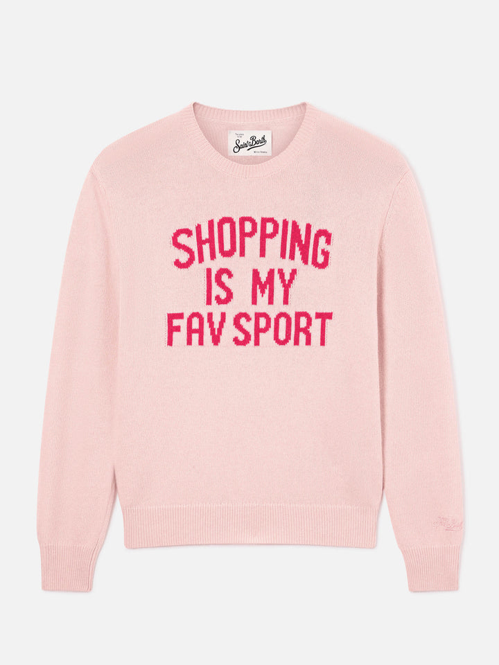 Jersey de punto con cuello redondo Pink New Queen con bordado Shopping Is My Fav Sport 