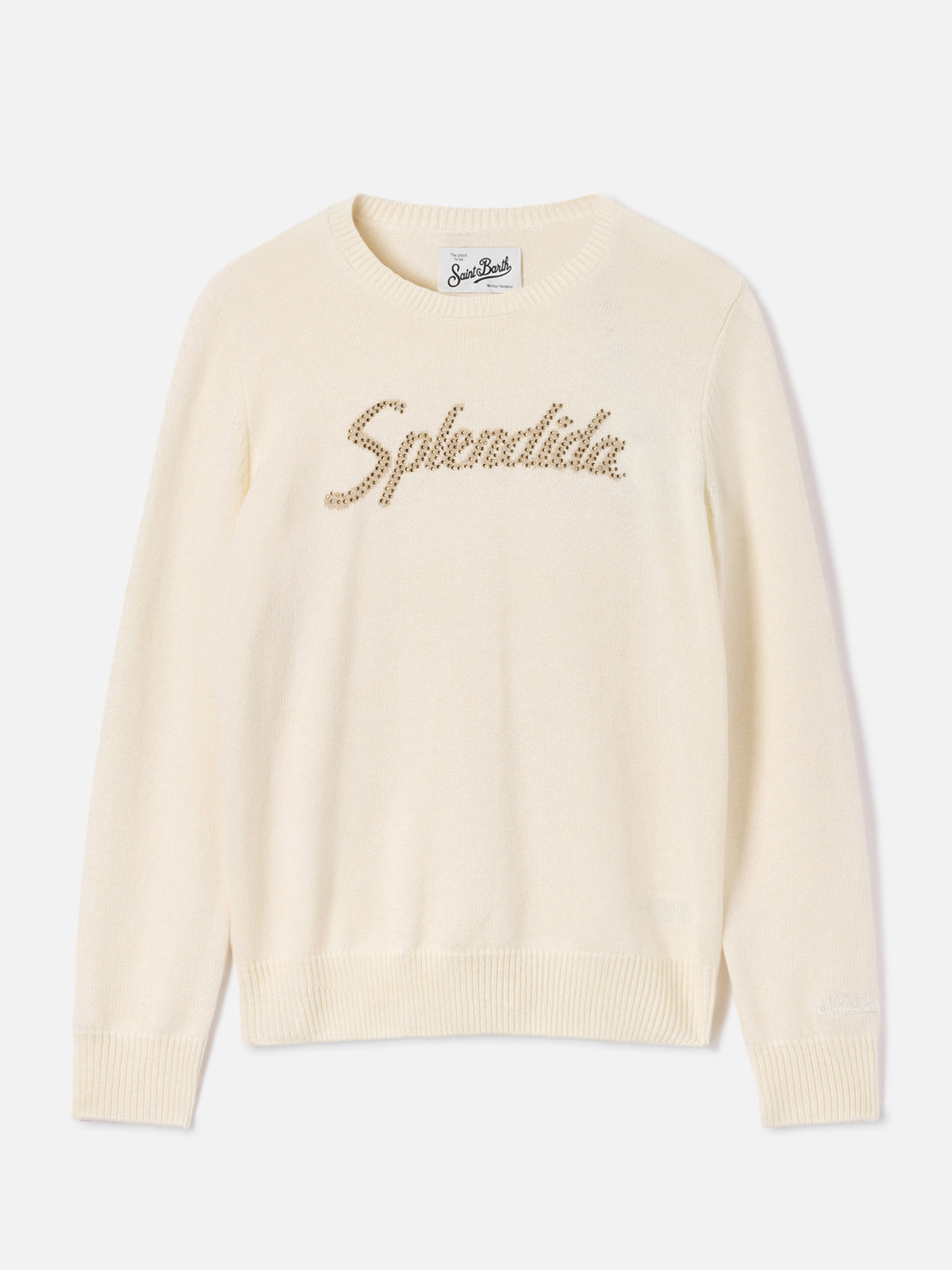 Maglia girocollo New Queen off white con ricamo Splendida in strass