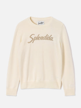 Maglia girocollo New Queen off white con ricamo Splendida in strass