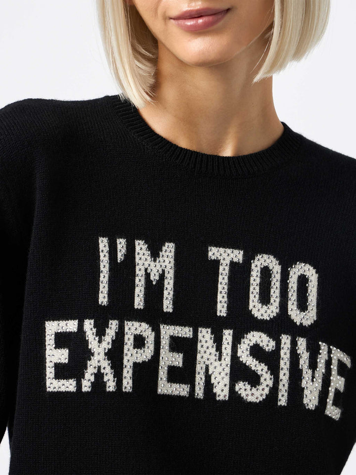 Woman black sweater New Queen with I'm too expensive jacquard with rhinestones - MC2 Saint Barth