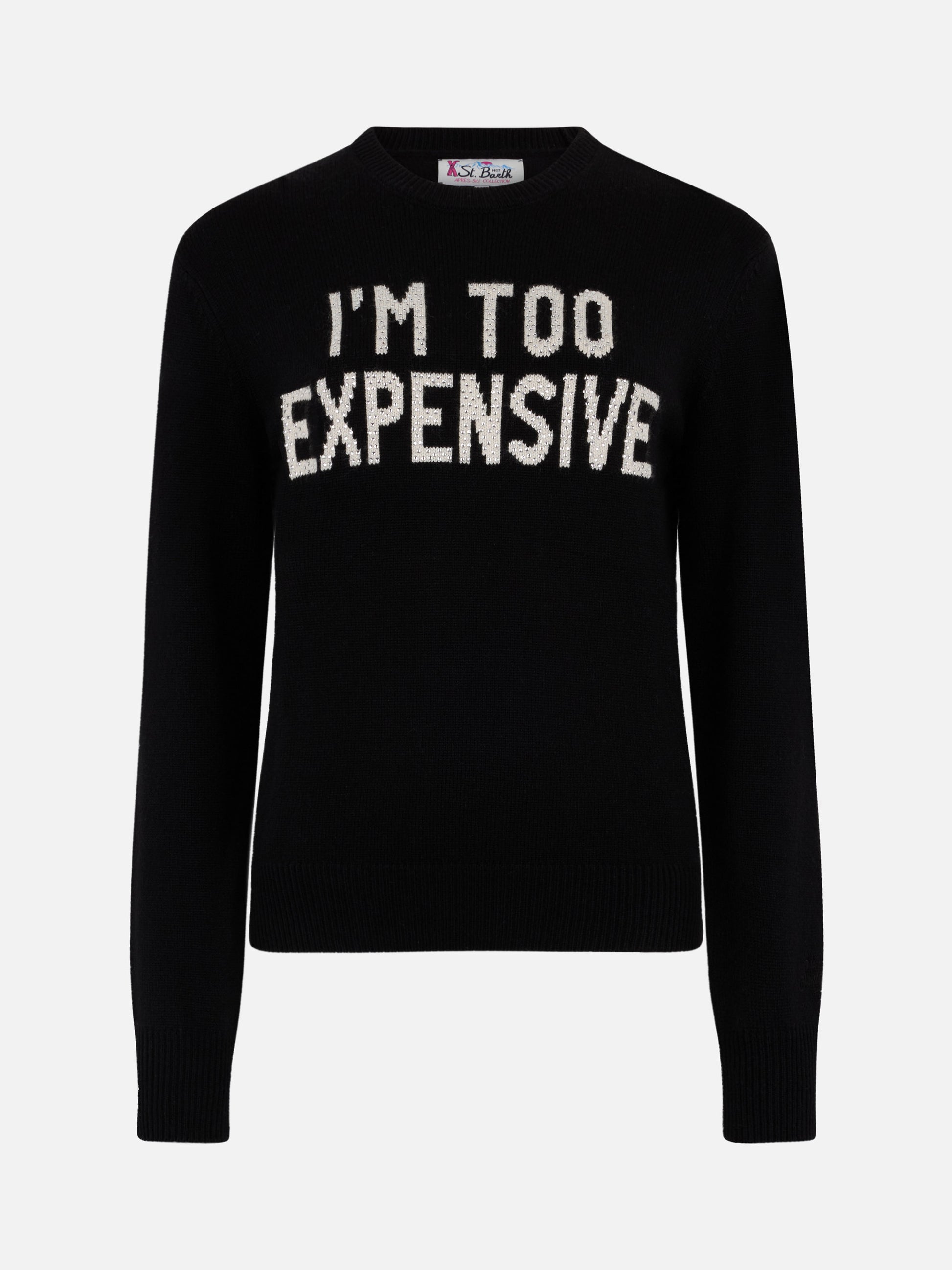 Woman black sweater New Queen with I'm too expensive jacquard with rhinestones - MC2 Saint Barth
