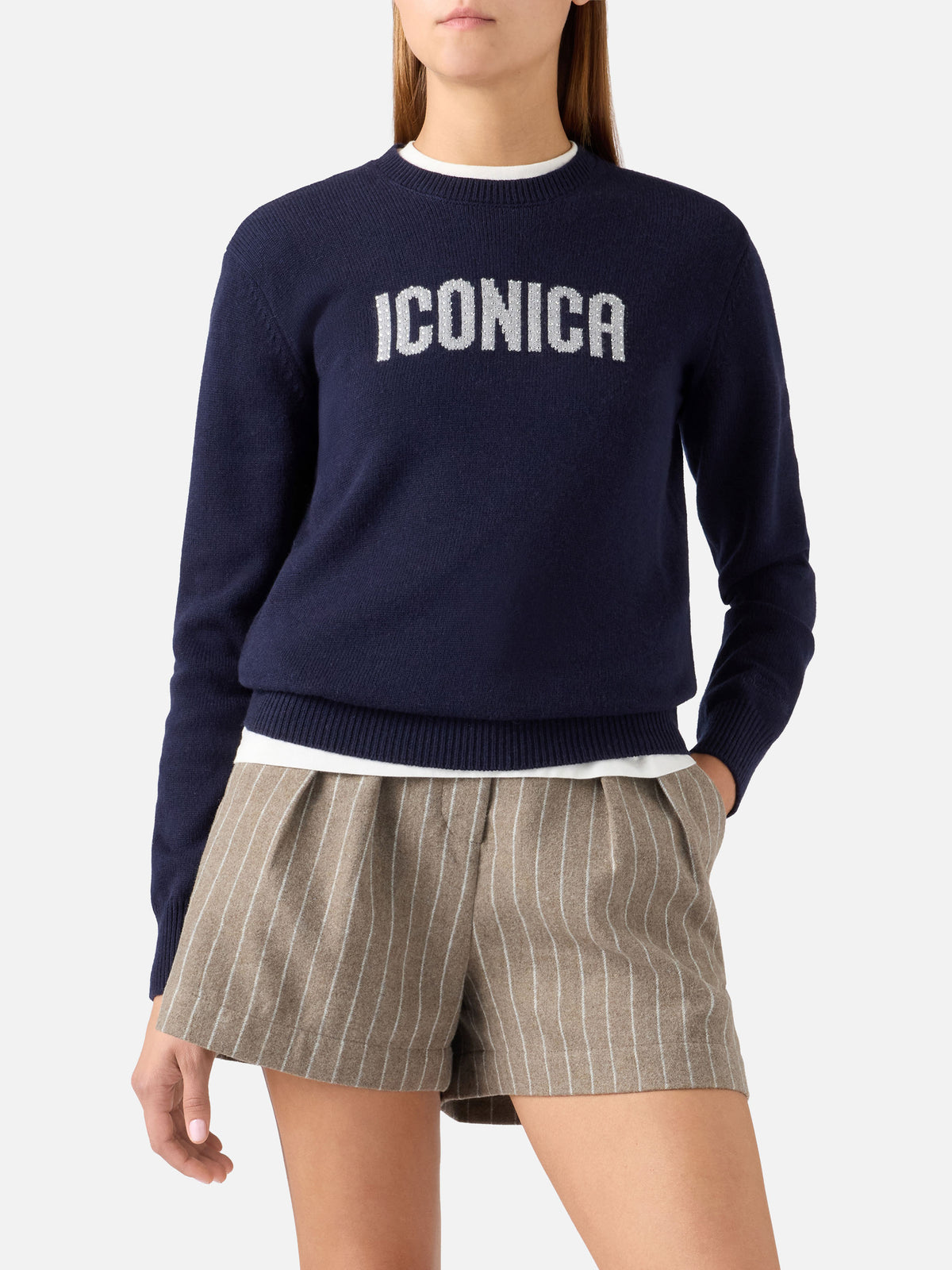 Navy blue New Queen crewneck knit with Iconica rhinestone embroidery