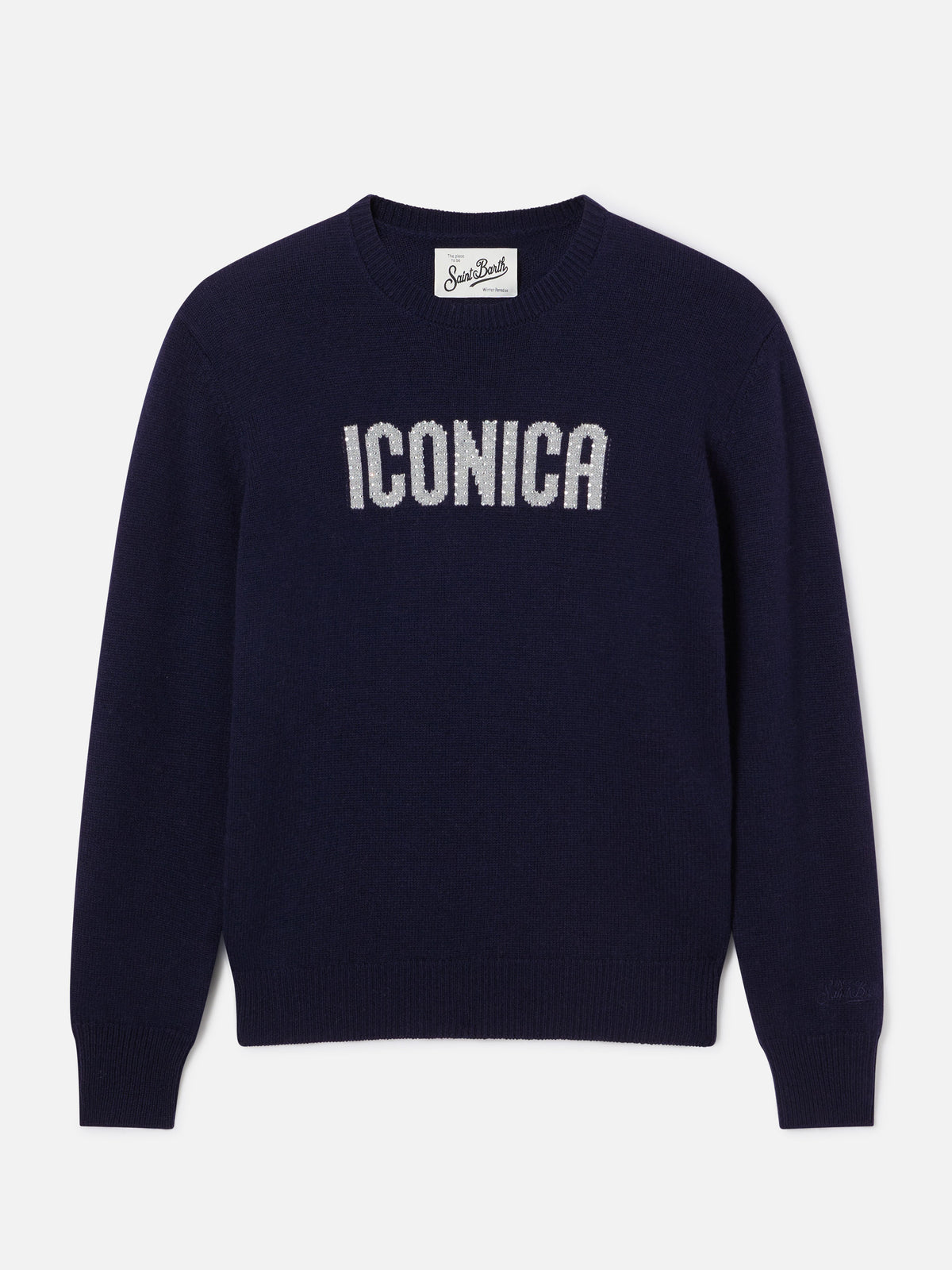 Navy blue New Queen crewneck knit with Iconica rhinestone embroidery