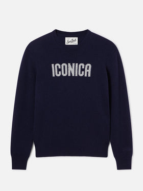 Navy blue New Queen crewneck knit with Iconica rhinestone embroidery