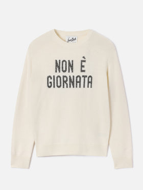 Off white New Queen crewneck knit with Non È Giornata lurex embroidery