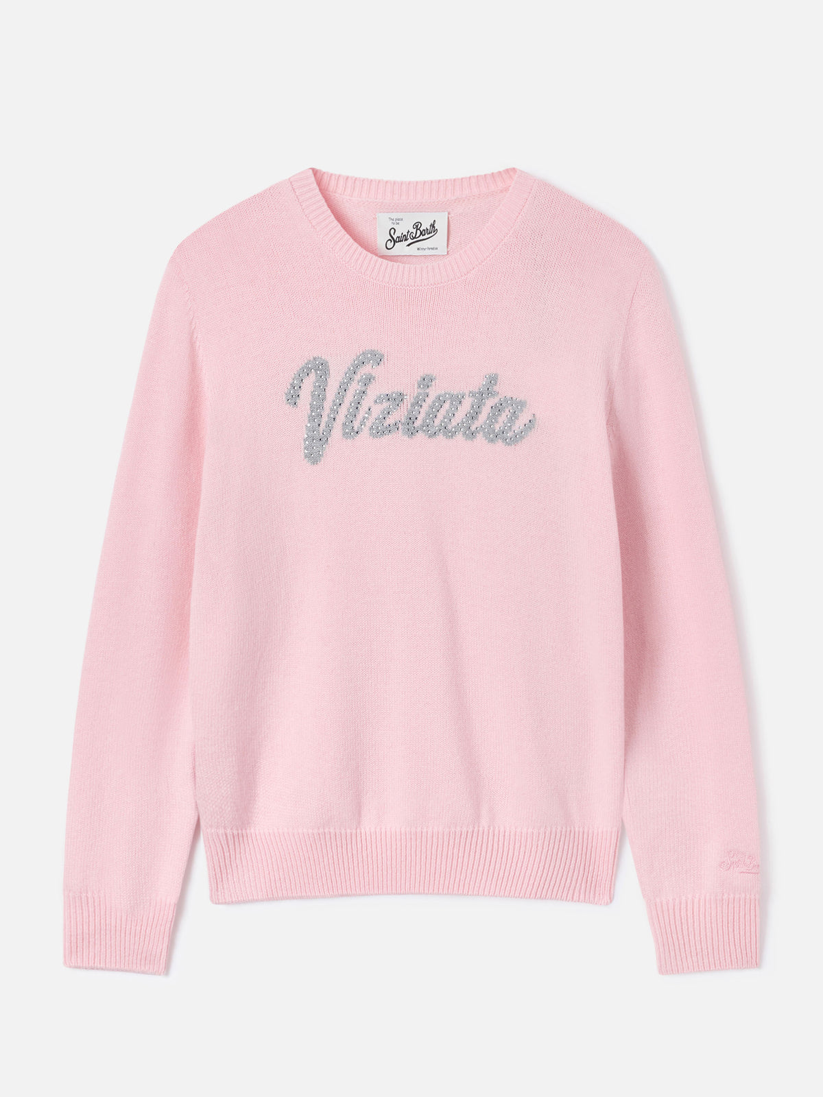 Jersey de punto con cuello redondo Pink New Queen con bordado Viziata de strass 