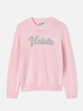 Jersey de punto con cuello redondo Pink New Queen con bordado Viziata de strass 
