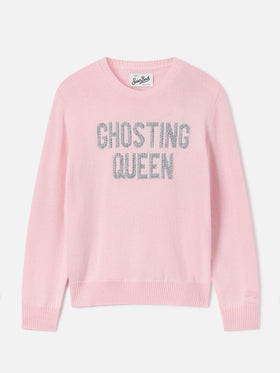 Maglia girocollo New Queen rosa con ricamo Ghosting Queen in strass
