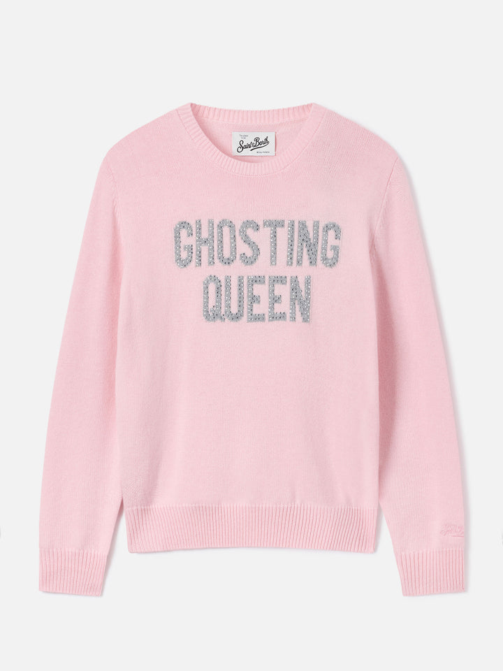 Maglia girocollo New Queen rosa con ricamo Ghosting Queen in strass