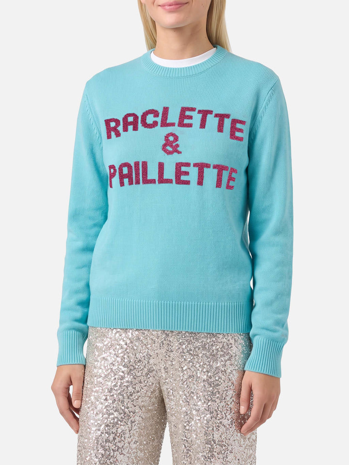 Wassergrüner Pullover New Queen mit Raclette & Paillettes Pailletten-Schriftzug 