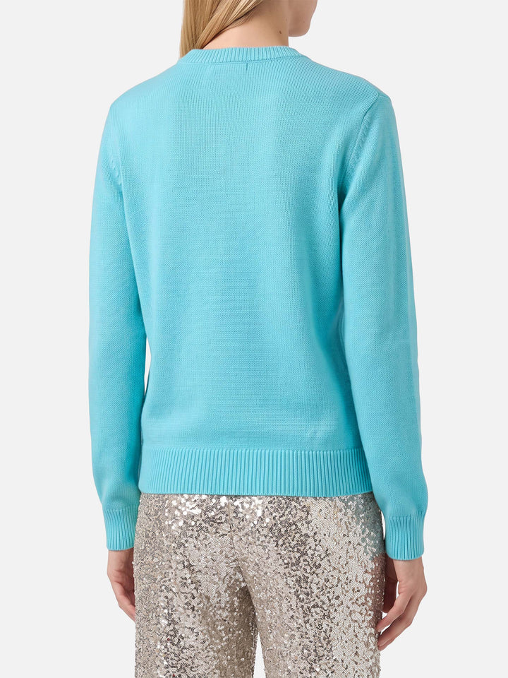 Wassergrüner Pullover New Queen mit Raclette & Paillettes Pailletten-Schriftzug 