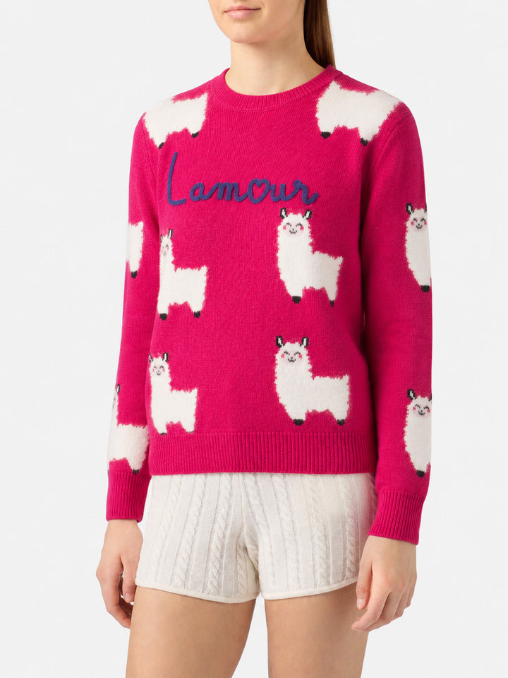 New Queen fuchsia alpaca blend sweater with L Amour embroidery