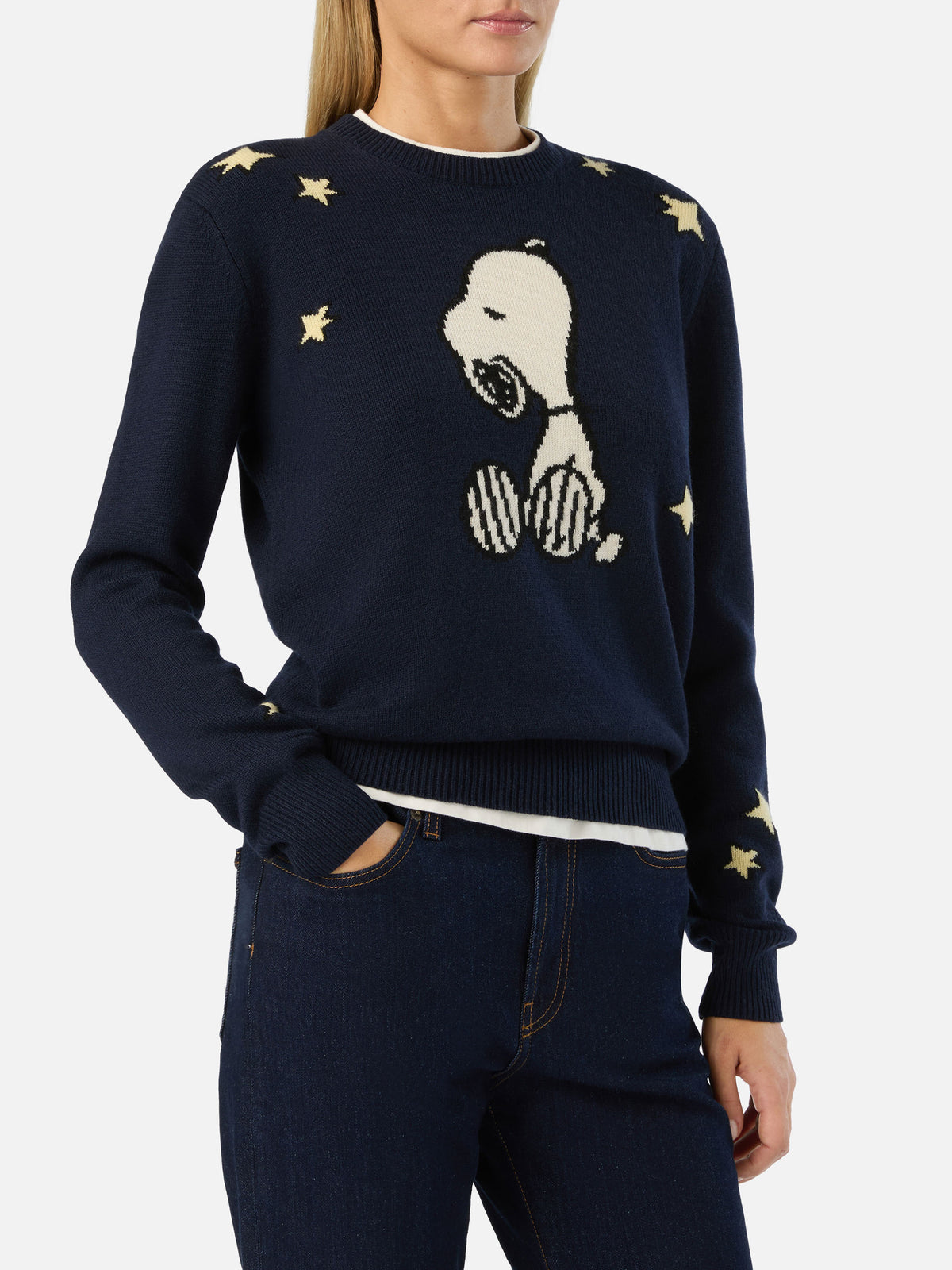 Navy blue New Queen crewneck knit with Snoopy intarsia | Special edition