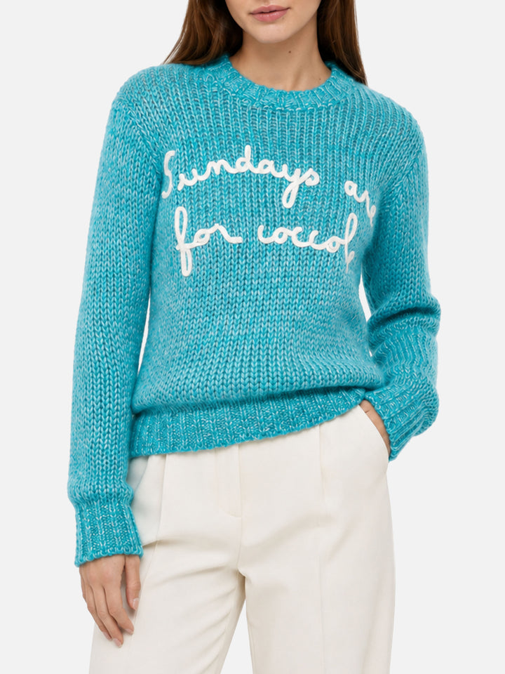Maglia crop New Queen in filato mouliné turchese con ricamo