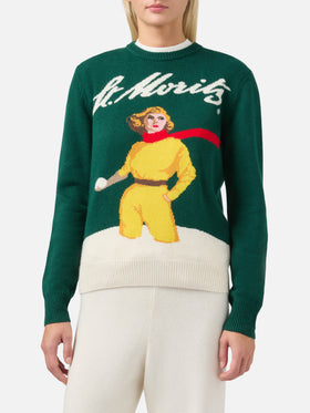 Neuer grüner Queen-Pullover aus Kaschmirmischung mit Jacquardmuster und St. Moritz-Postkartenmotiv | ST. MORITZ SONDEREDITION