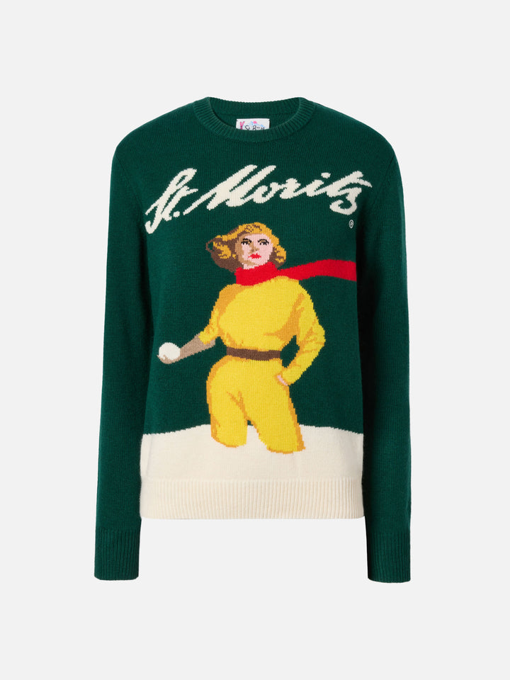 New Queen cashmere-blend sweater in green with St. Moritz postcard jacquard | ST. MORITZ SPECIAL EDITION