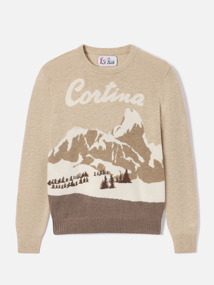 Maglia girocollo New Queen beige con intarsio Cortina