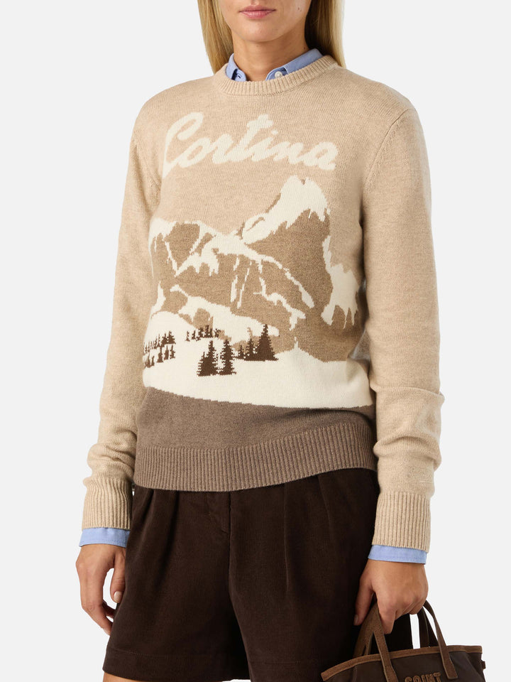 Beiger New Queen Rundhals-Strickpullover mit Cortina-Intarsie 