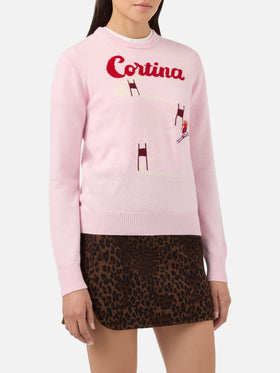 Neuer Queen-Pullover aus Kaschmirmischung in Rosa mit Cortina-Postkarten-Jacquardmuster
