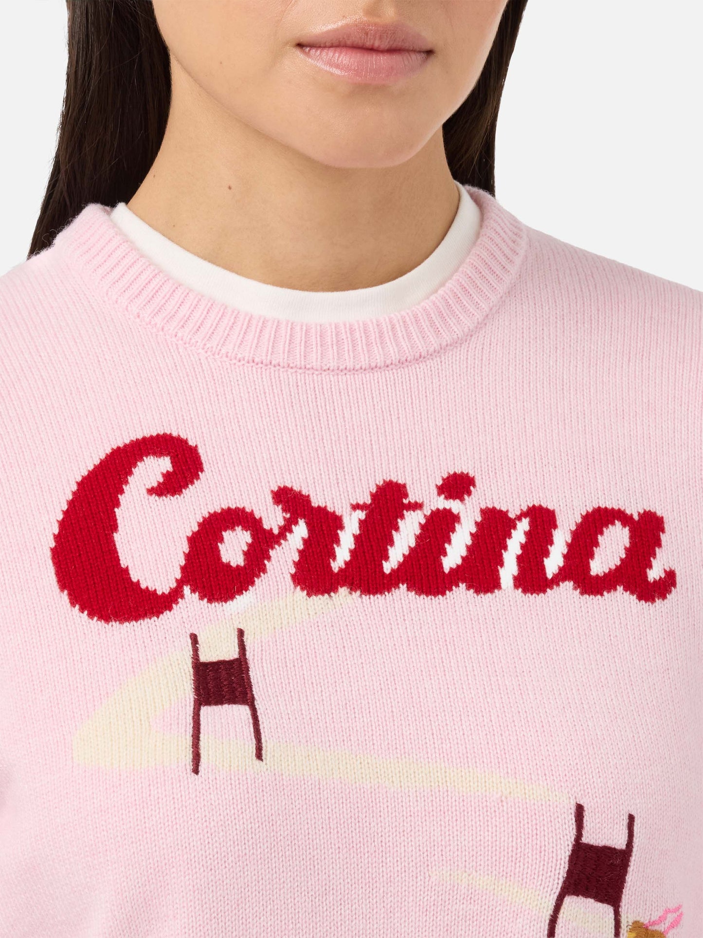 Neuer Queen-Pullover aus Kaschmirmischung in Rosa mit Cortina-Postkarten-Jacquardmuster