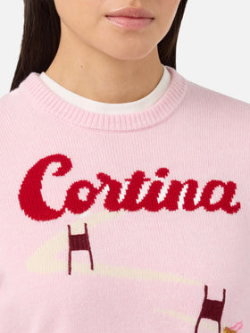 Neuer Queen-Pullover aus Kaschmirmischung in Rosa mit Cortina-Postkarten-Jacquardmuster