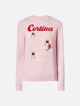 Neuer Queen-Pullover aus Kaschmirmischung in Rosa mit Cortina-Postkarten-Jacquardmuster
