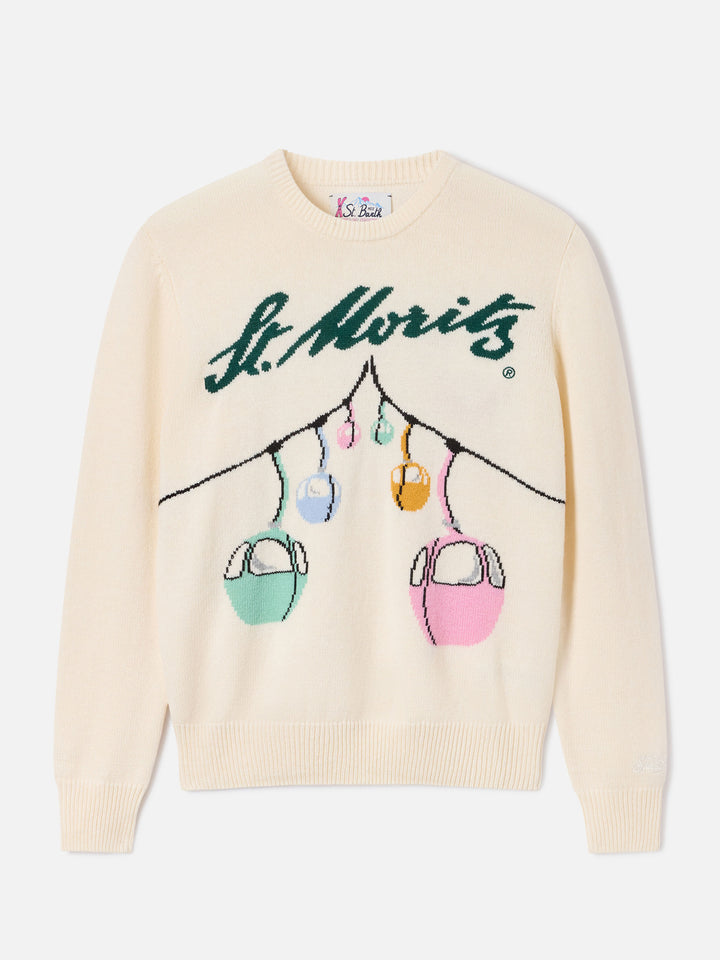 Maglia girocollo New Queen off white con intarsio cabinovie St. Moritz | Special edition