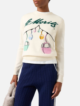 Off-whiteer New Queen Rundhals-Strickpullover mit St. Moritz Seilbahn-Intarsie | Special edition 