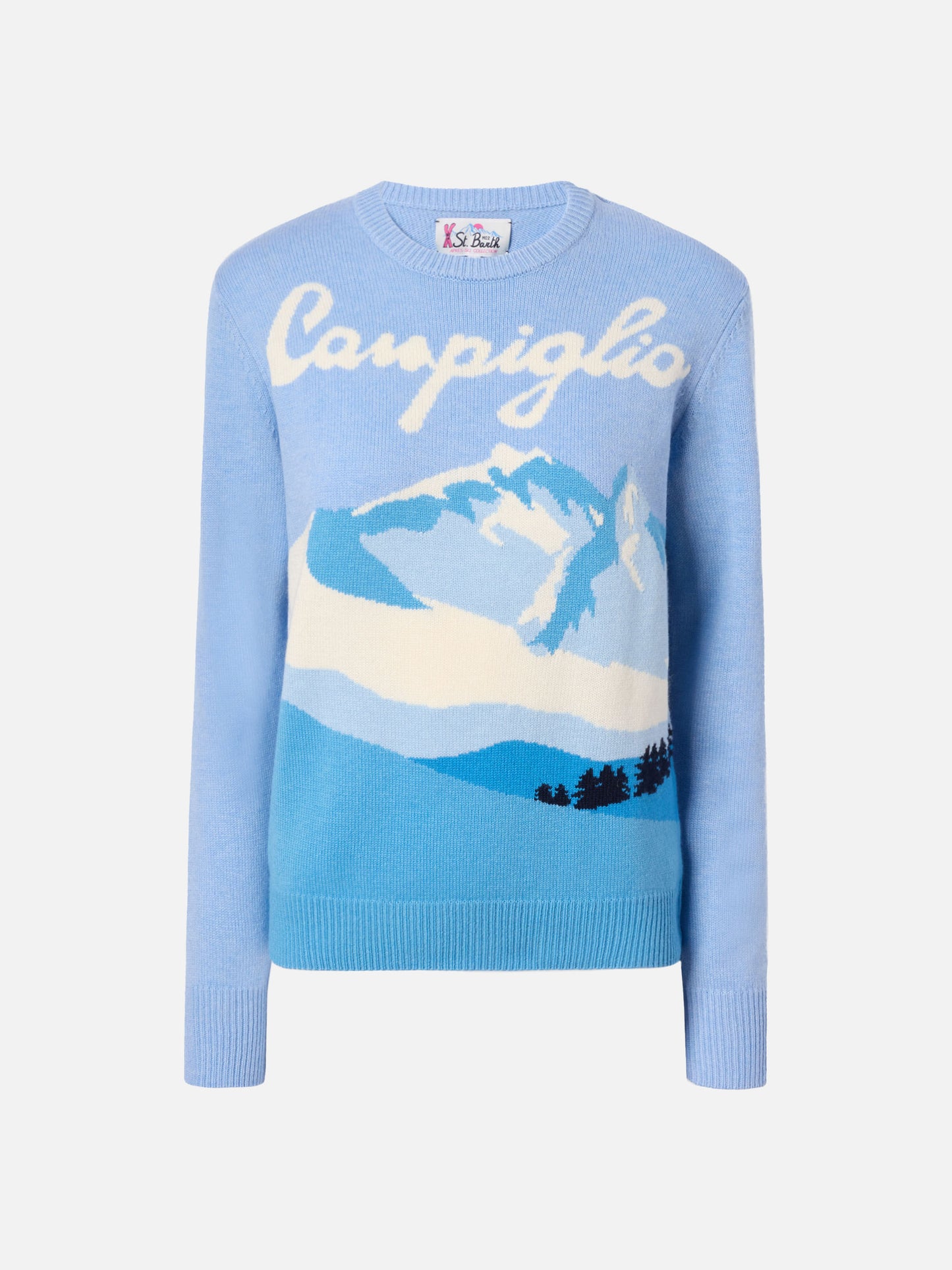 New Queen cashmere-blend sweater in light blue with Campiglio postcard jacquard