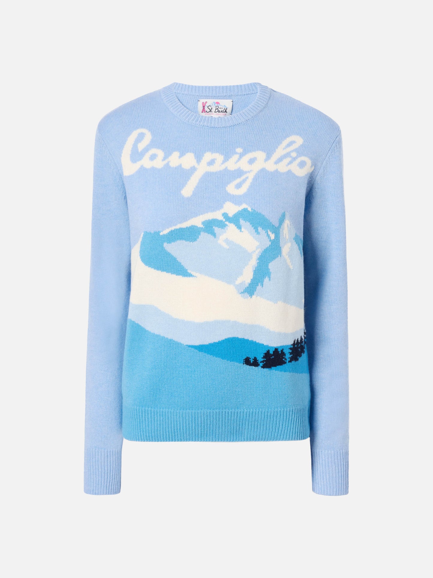 Neuer Queen-Pullover aus Kaschmirmischung in Hellblau mit Campiglio-Postkarten-Jacquard