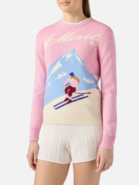 New Queen cashmere-blend sweater in pink with St. Moritz postcard jacquard | ST. MORITZ SPECIAL EDITION