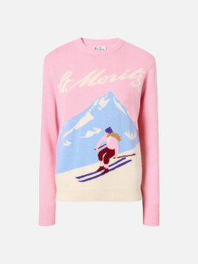 New Queen cashmere-blend sweater in pink with St. Moritz postcard jacquard | ST. MORITZ SPECIAL EDITION