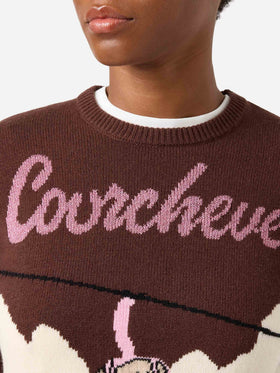 Brauner New Queen Rundhals-Strickpullover mit Courchevel Intarsienmuster 