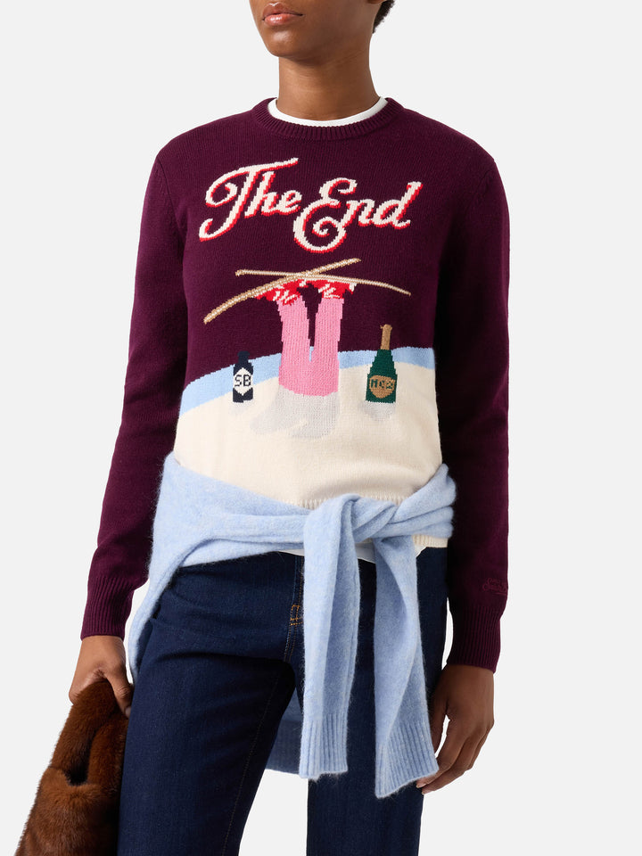 Maglia girocollo New Queen bordeaux con intarsio The End