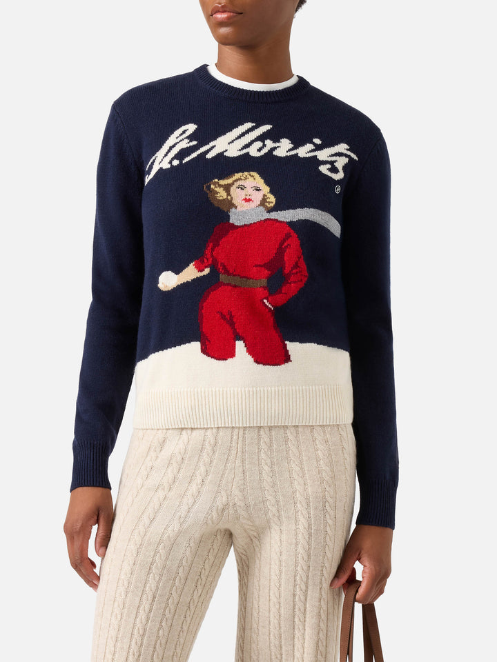 Pull en maille à col rond New Queen bleu marine blue avec intarsia skieur St. Moritz | Special edition 