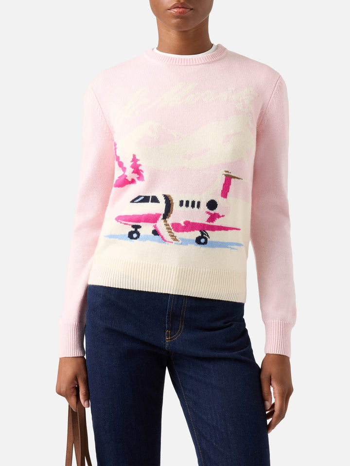 Rosa New Queen Rundhals-Strick mit St. Moritz Flugzeug-Intarsie | Special edition 